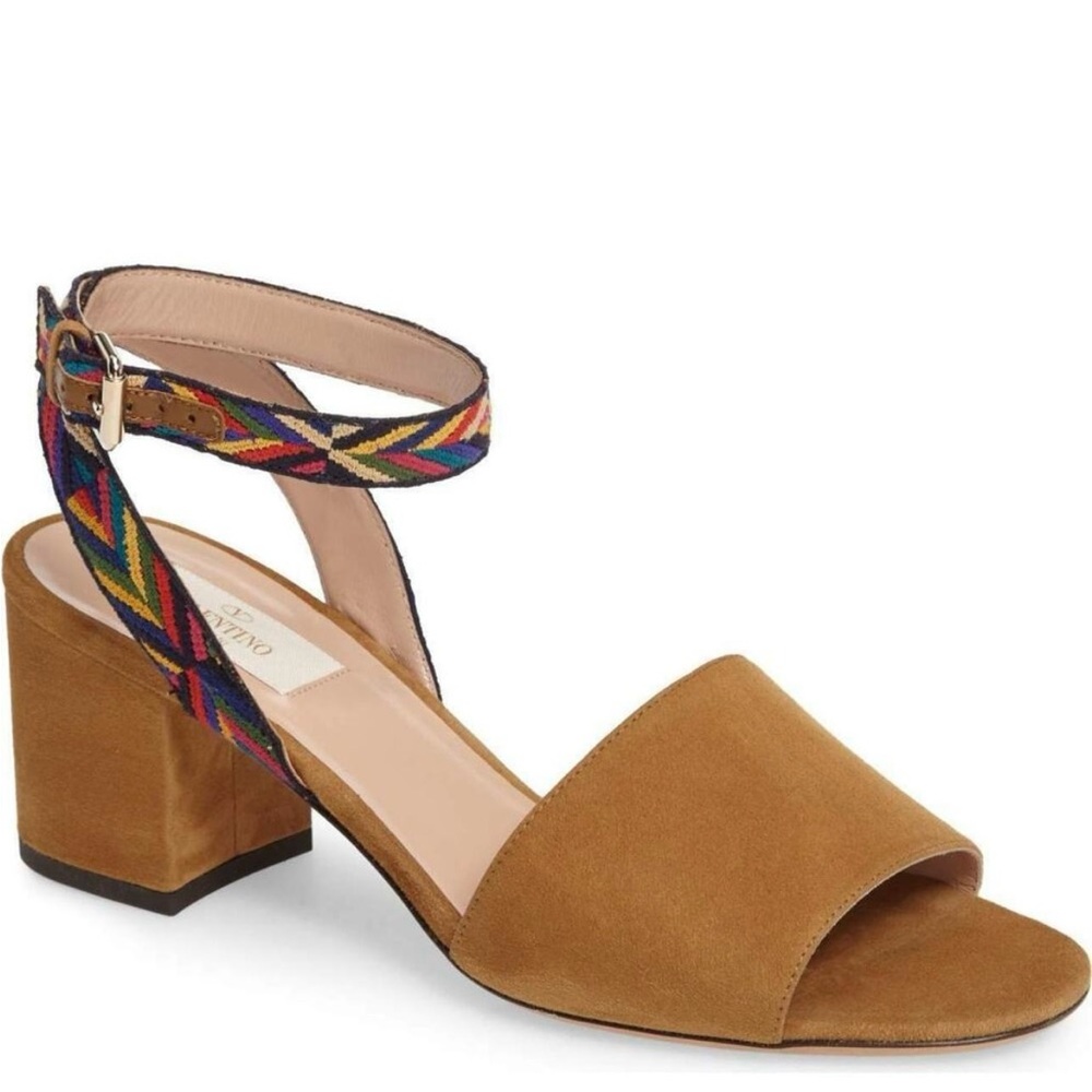 VALENTINO GARAVANI Native Chevron Block Heel Ankle Strap Sandals EU 37.5 US 7.5